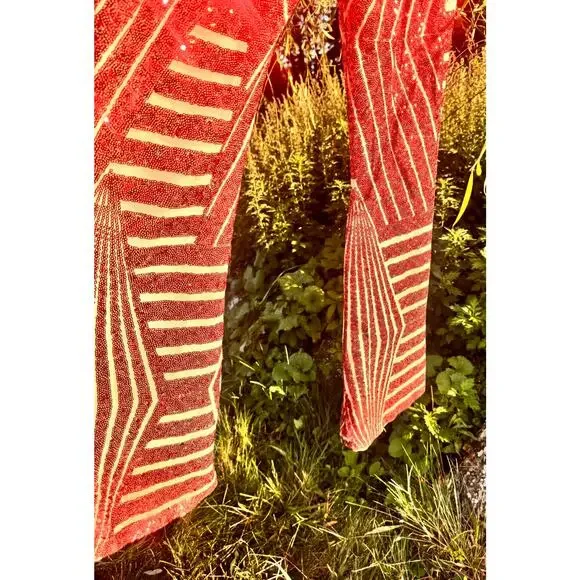 Red & Orange screaming stretch sequin flared stretch pants (125) - Picture 5 of 11